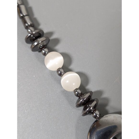Artisan Boho Western White Glass Cats Eye Gray Hematite Stone Heart Necklace 18" - Picture 6 of 8